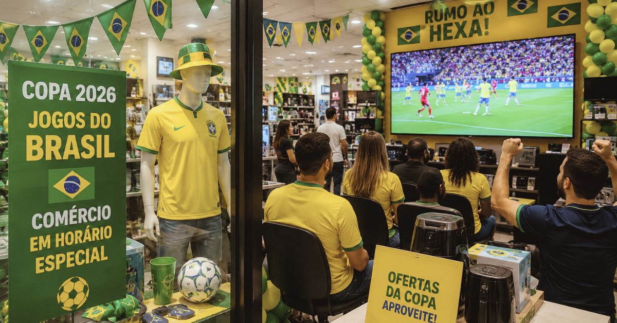 Comércio de Fortaleza na Copa 2026 com lojas decoradas para os jogos da Seleção Brasileira.