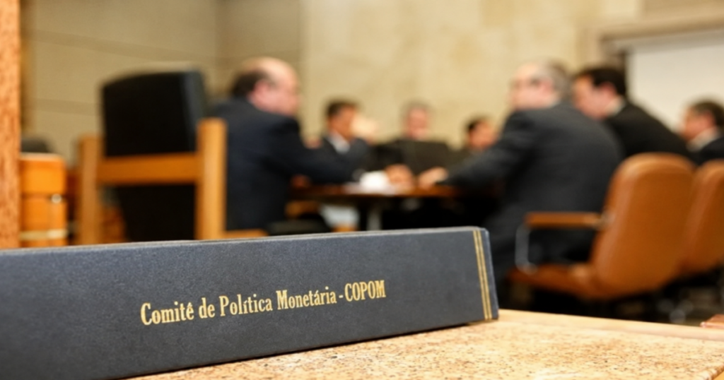 Placa do Comitê de Política Monetária (Copom) em primeiro plano durante reunião do Banco Central que decide a taxa Selic em Brasília.