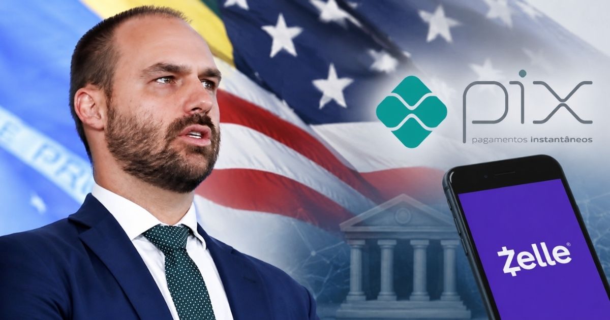 Eduardo Bolsonaro em montagem com os símbolos do Pix, aplicativo Zelle e bandeiras do Brasil e dos Estados Unidos durante debate sobre tarifas comerciais.