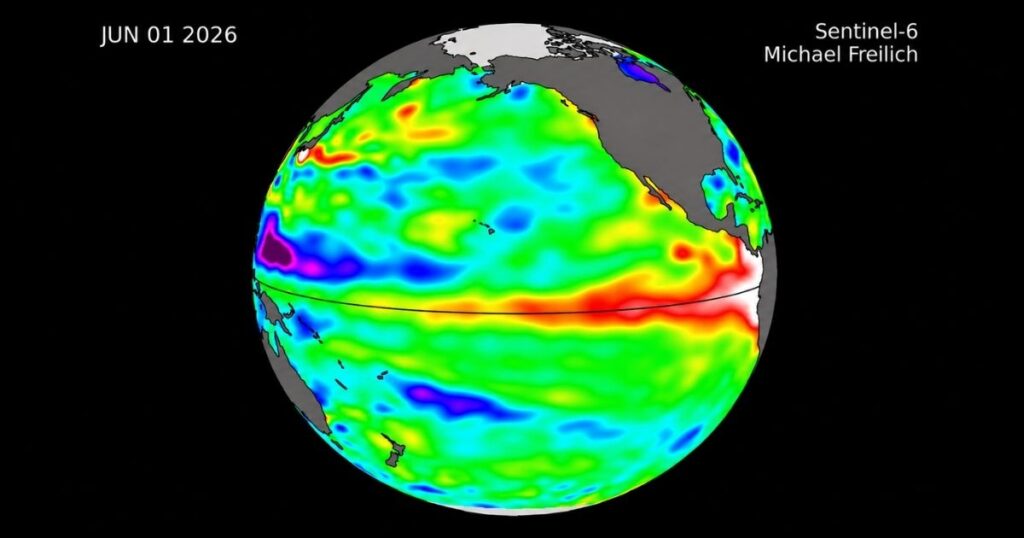 Globo terrestre mostra anomalias de temperatura no Oceano Pacífico Equatorial após a confirmação do El Niño 2026 pela NOAA.