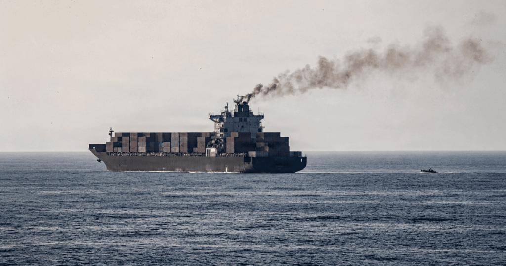 Navio cargueiro navega pelo Estreito de Ormuz durante operação da ONU para retirar marinheiros retidos após o acordo de paz entre Estados Unidos e Irã.