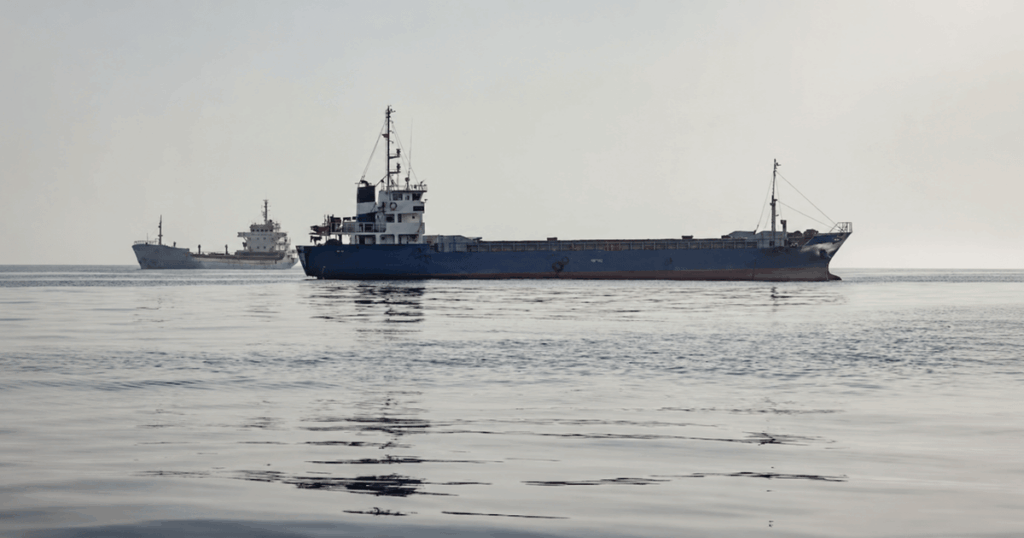 Navio de carga navega pelo Estreito de Ormuz após ataque que levou a ONU a suspender operação de retirada de embarcações.