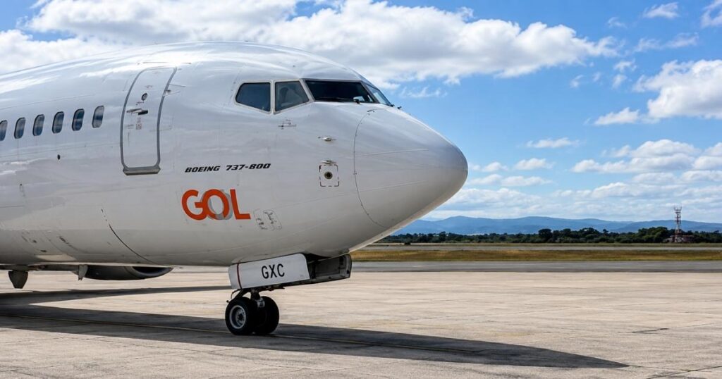 Avião da Gol em aeroporto após falha da Embratel que afetou pousos e decolagens em Congonhas e Guarulhos.