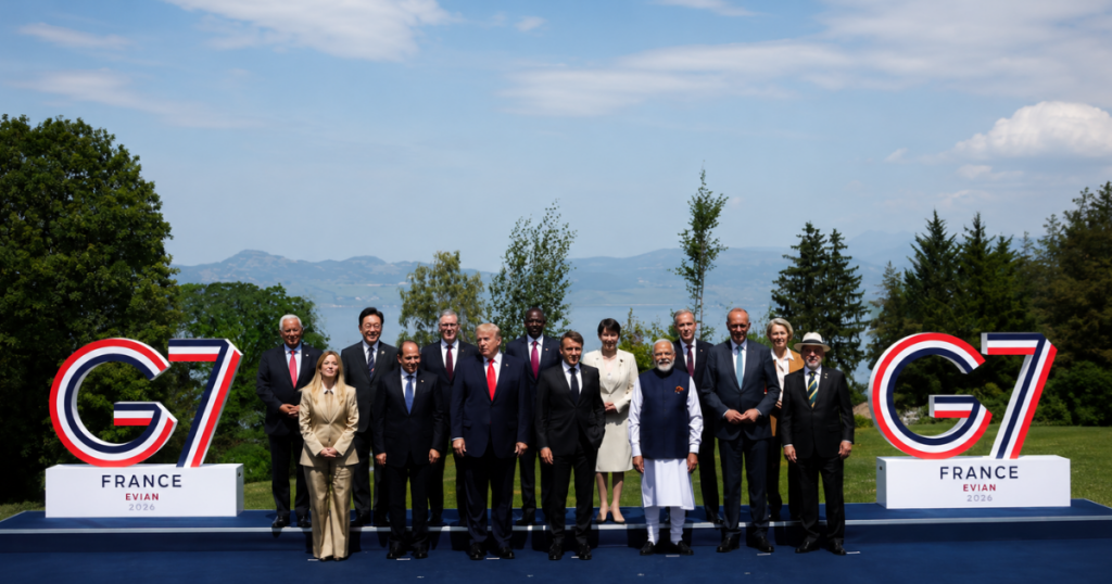 Líderes mundiais posam para foto oficial da cúpula do G7 na França em 2026, com participação do presidente Lula e discussões sobre acordo Mercosul-Japão e comércio internacional.