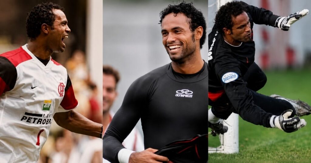 Montagem com três imagens do goleiro Bruno em diferentes momentos da carreira, usada em reportagem sobre o encerramento de ação judicial contra a Meta após sua prisão.