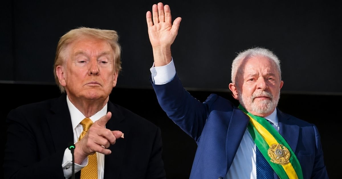 Donald Trump e Luiz Inácio Lula da Silva em montagem sobre a investigação comercial dos EUA contra o Brasil, que cita Pix, STF e Lava Jato.