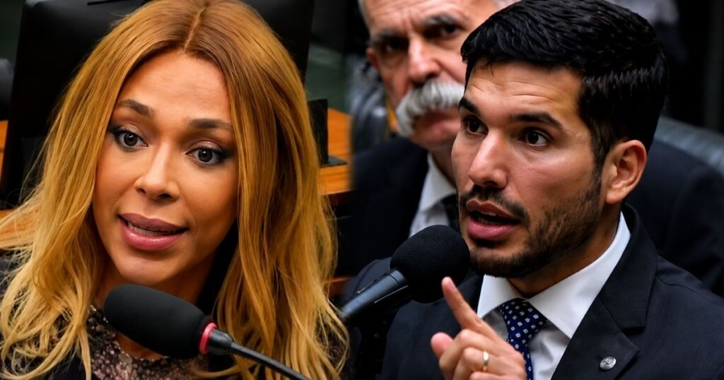 Montagem mostra os deputados federais Erika Hilton e André Fernandes em sessão da Câmara dos Deputados, tema de decisão judicial que determinou a remoção de vídeo por possível transfobia.