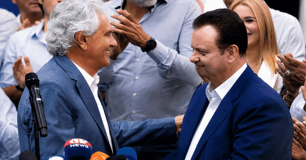 Gilberto Kassab e Ronaldo Caiado durante evento do PSD que antecede o anúncio da chapa presidencial para as eleições de 2026.