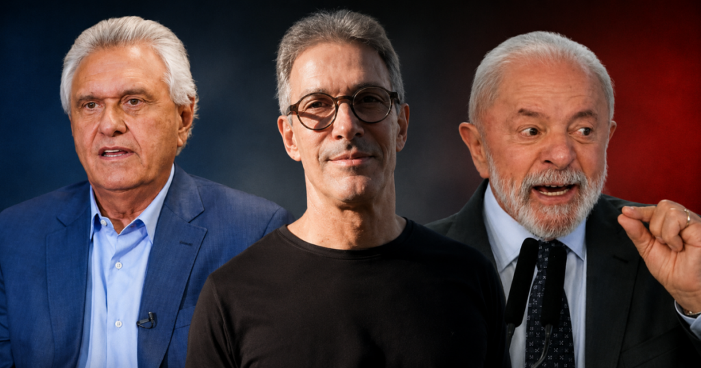 Lula, Ronaldo Caiado e Romeu Zema em montagem sobre pesquisa eleitoral para a eleição presidencial de 2026