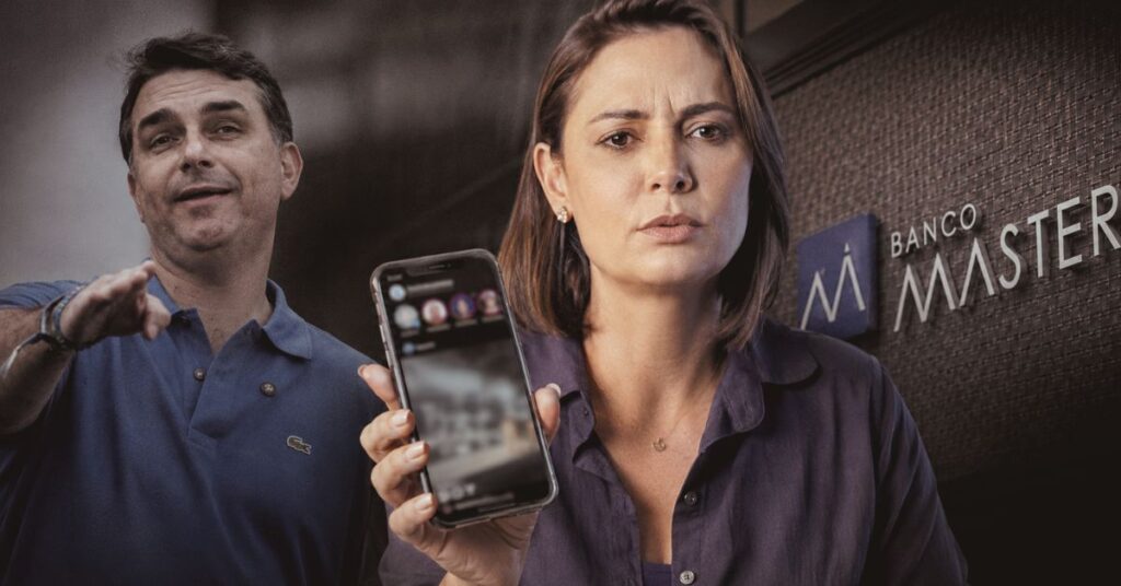 Michelle Bolsonaro segura celular em montagem editorial com Flávio Bolsonaro e Banco Master ao fundo