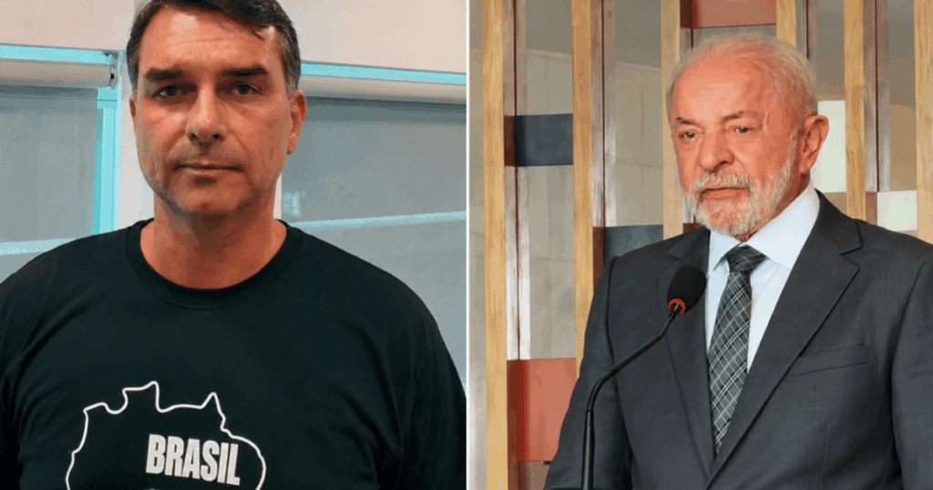 Montagem em formato horizontal mostrando Jair Bolsonaro à esquerda usando camiseta preta e Luiz Inácio Lula da Silva à direita discursando em um microfone.