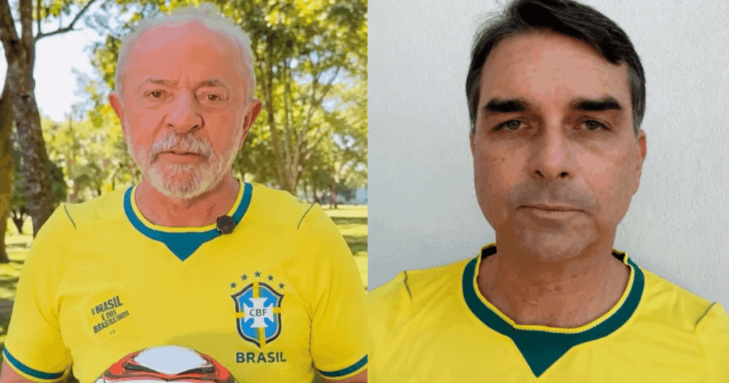 Luiz Inácio Lula da Silva e Flávio Bolsonaro em montagem que ilustra pesquisa Quaest sobre a disputa presidencial em Minas Gerais para as eleições de 2026