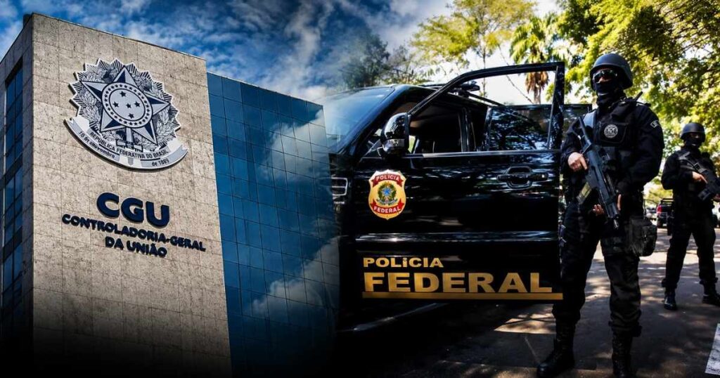 Agentes da Polícia Federal e prédio da Controladoria-Geral da União (CGU) em montagem sobre operação que investiga contratos de R$ 29 milhões em municípios do Ceará.