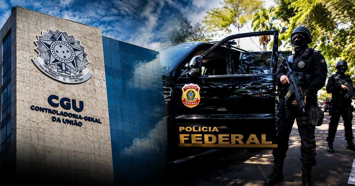 Agentes da Polícia Federal e prédio da Controladoria-Geral da União (CGU) em montagem sobre operação que investiga contratos de R$ 29 milhões em municípios do Ceará.