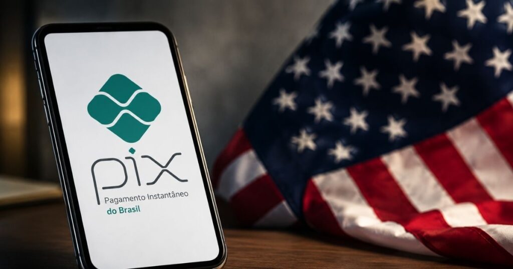 Tela de celular com o Pix em destaque diante da bandeira dos Estados Unidos, representando a disputa comercial entre Brasil e EUA envolvendo o sistema de pagamentos brasileiro.