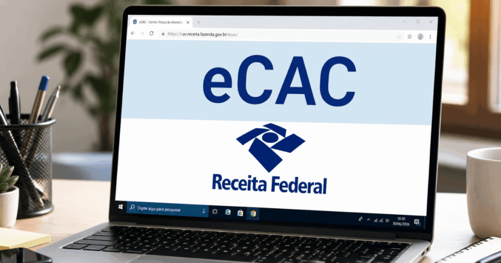Tela de notebook exibindo o portal e-CAC da Receita Federal para consulta da restituição do Imposto de Renda 2026.