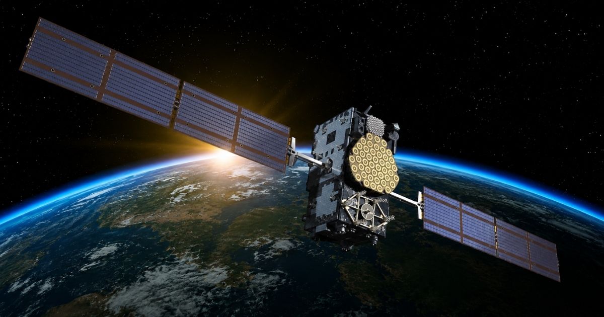 Satélite artificial em órbita sobre a Terra durante o nascer do Sol; estudo investiga possível relação entre satélites russos e falhas em sinais de GPS.