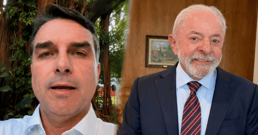 Montagem mostra Flávio Bolsonaro e o presidente Lula após o tarifaço dos Estados Unidos ganhar espaço na disputa política entre governo e oposição.
