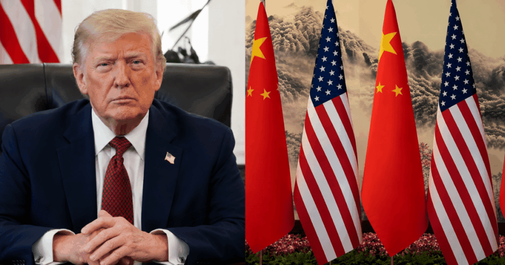 Donald Trump em reunião oficial ao lado de bandeiras dos Estados Unidos e da China em imagem sobre pressão da Casa Branca ao Congresso para aprovar o SAVE America Act.