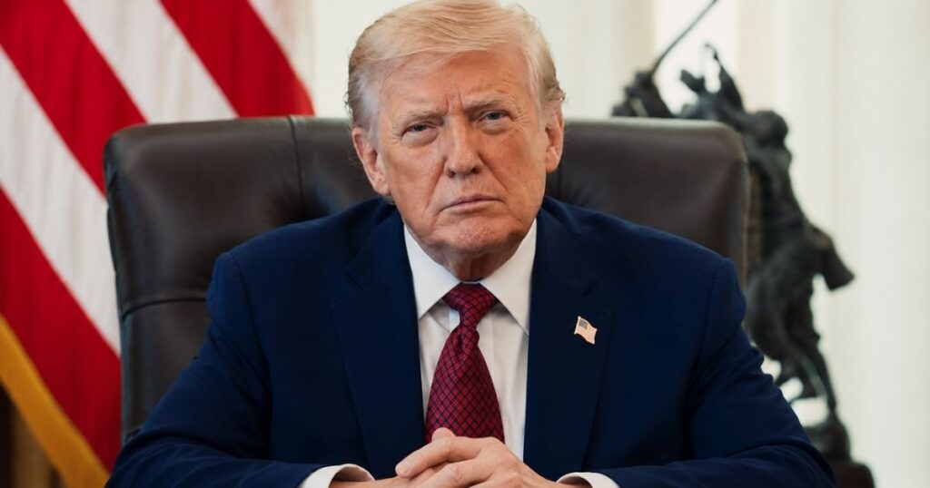 Donald Trump durante pronunciamento em escritório oficial, imagem utilizada em matéria sobre pesquisa Datafolha que mede influência do apoio do ex-presidente americano na eleição presidencial brasileira de 2026.