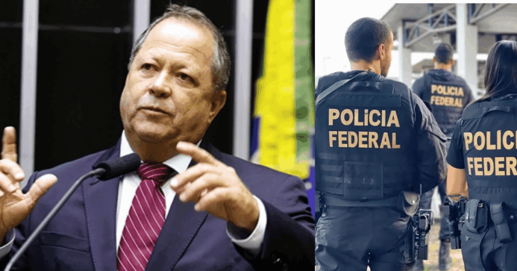 Chiquinho Brazão e agentes da Polícia Federal durante montagem que ilustra a Operação Emendatio, investigação sobre suposto desvio de emendas parlamentares.