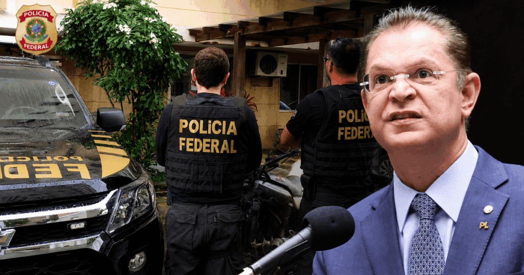 Policiais federais durante cumprimento de mandados da terceira fase da Operação Rent a Car, que investiga suposto desvio de recursos da cota parlamentar ligados ao entorno do deputado Sóstenes Cavalcante.
