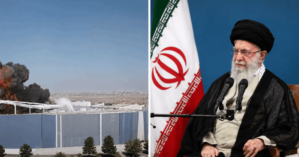 Montagem mostra o líder supremo do Irã, aiatolá Mojtaba Khamenei, ao lado de explosões provocadas durante ataques iranianos contra bases militares dos Estados Unidos no Oriente Médio.