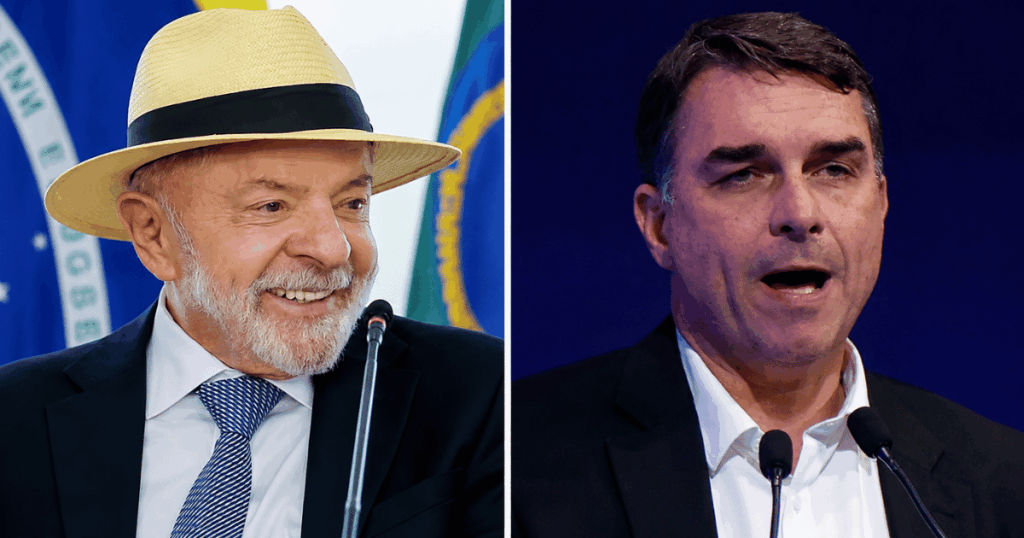 Montagem com o presidente Luiz Inácio Lula da Silva e o senador Flávio Bolsonaro em reportagem sobre a pesquisa BTG/Nexus para a eleição presidencial de 2026.