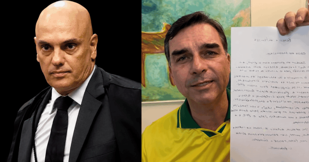 Montagem mostra Alexandre de Moraes, a carta atribuída a Jair Bolsonaro e Flávio Bolsonaro durante leitura do documento em caso analisado pelo Ministério Público Eleitoral.