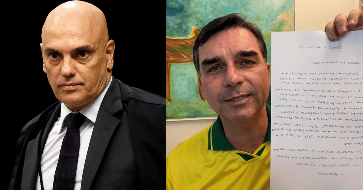 Montagem mostra Alexandre de Moraes, a carta atribuída a Jair Bolsonaro e Flávio Bolsonaro durante leitura do documento em caso analisado pelo Ministério Público Eleitoral.