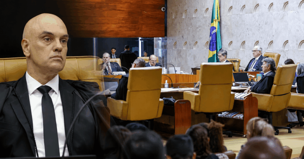 Alexandre de Moraes durante sessão do STF em montagem com plenário da Corte após decisão que deu 48 horas para sete tribunais explicarem pagamentos de penduricalhos.