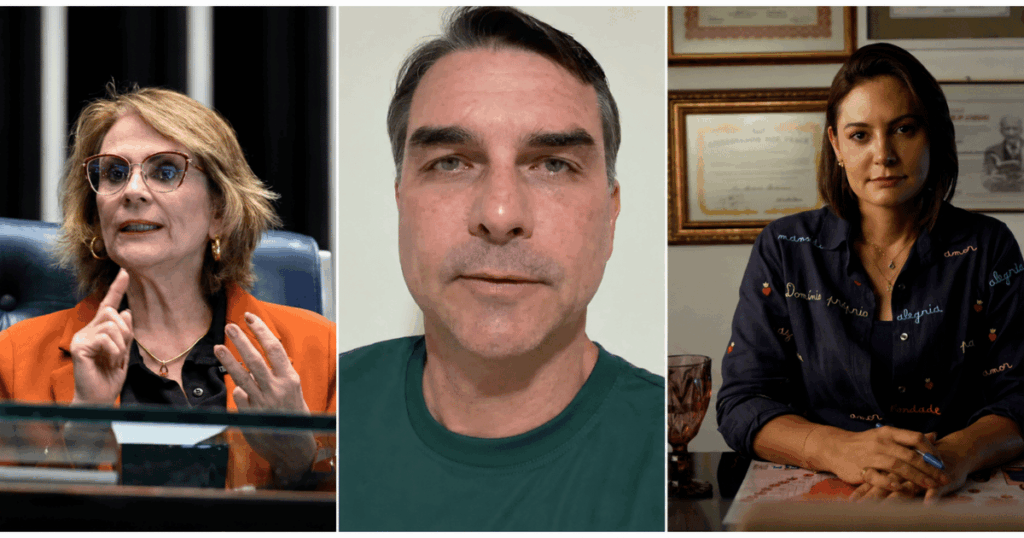 Montagem com Damares Alves, Michelle Bolsonaro e Flávio Bolsonaro durante a crise política envolvendo aliados da direita.