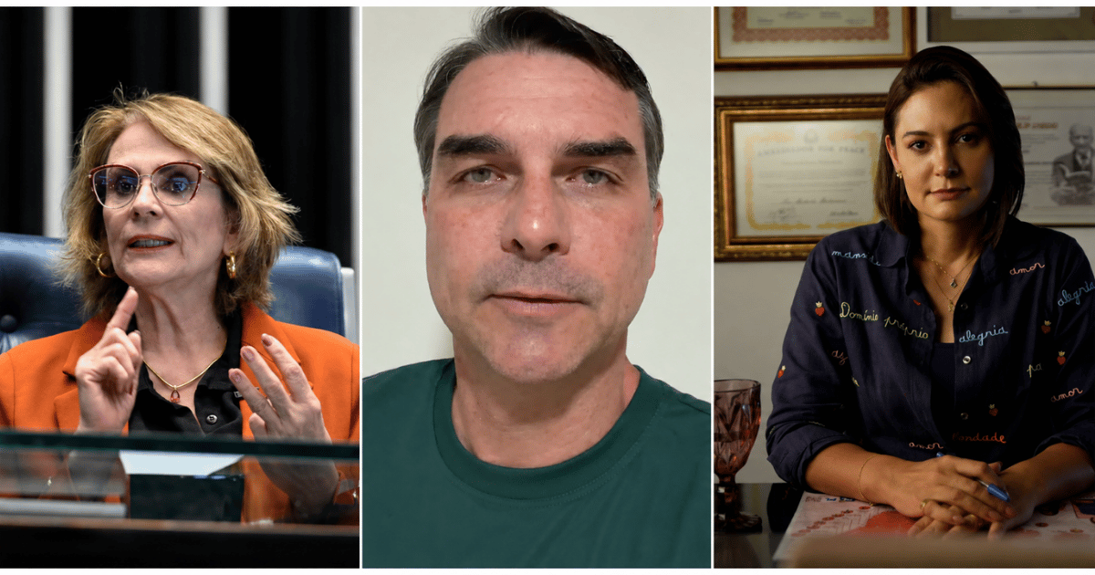 Montagem com Damares Alves, Michelle Bolsonaro e Flávio Bolsonaro durante a crise política envolvendo aliados da direita.