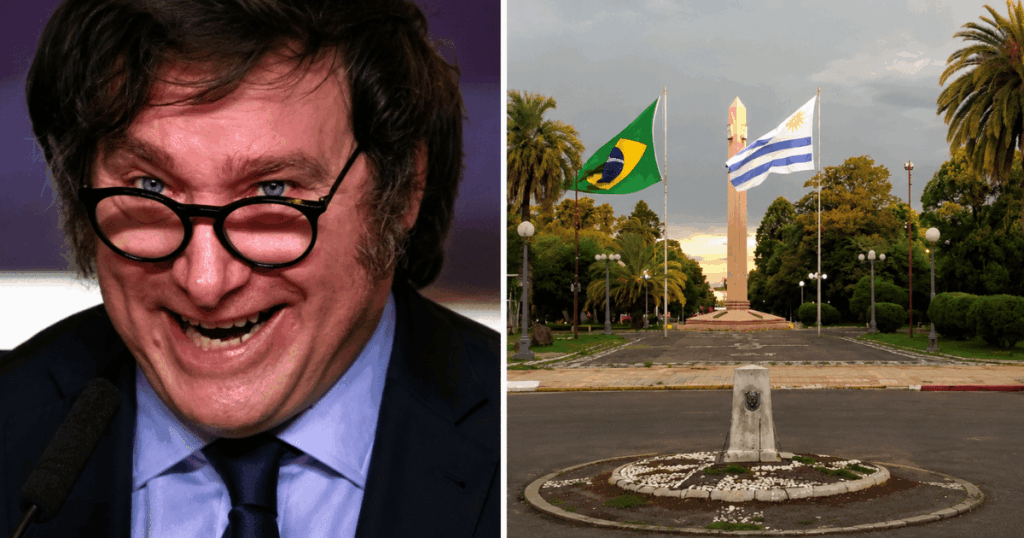 Montagem com Javier Milei e a fronteira entre Brasil e Argentina ilustrando o novo decreto migratório que amplia as regras para estrangeiros residentes no país.