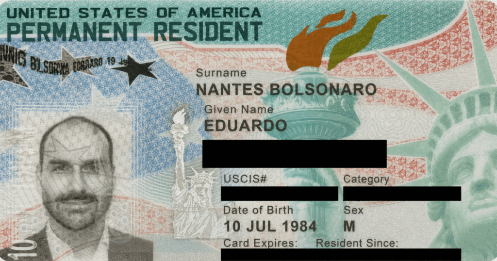 Green card de Eduardo Bolsonaro, documento de residência permanente emitido pelos Estados Unidos.