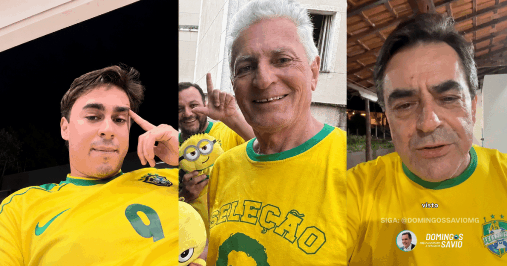 Políticos mineiros usando a camisa da Seleção Brasileira publicam mensagens nas redes sociais após a derrota do Brasil na Copa do Mundo.