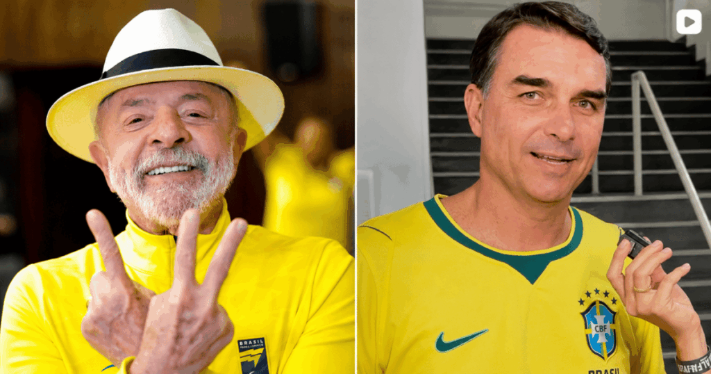 Presidente Luiz Inácio Lula da Silva e o senador Flávio Bolsonaro em montagem sobre o pedido da PGR para que a Polícia Federal ouça o parlamentar no inquérito que investiga suposta calúnia contra o presidente.