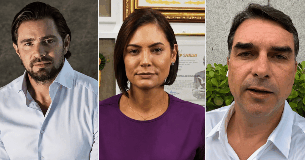 Montagem com Flávio Bolsonaro, Michelle Bolsonaro e Daniel Vorcaro em meio à crise interna do PL após postagem sobre o empresário.