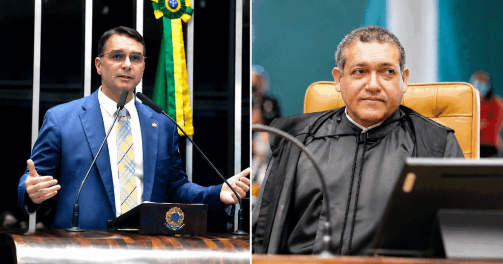 Montagem com o senador Flávio Bolsonaro e o presidente do TSE, ministro Nunes Marques, lado a lado, em composição que ilustra decisão da Justiça Eleitoral sobre a retirada de um vídeo envolvendo o parlamentar.