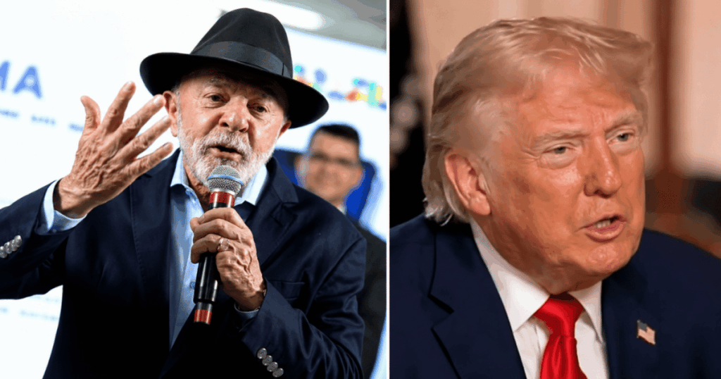 Donald Trump e Luiz Inácio Lula da Silva em montagem que representa a disputa comercial entre Estados Unidos e Brasil após o anúncio das novas tarifas sobre exportações brasileiras.