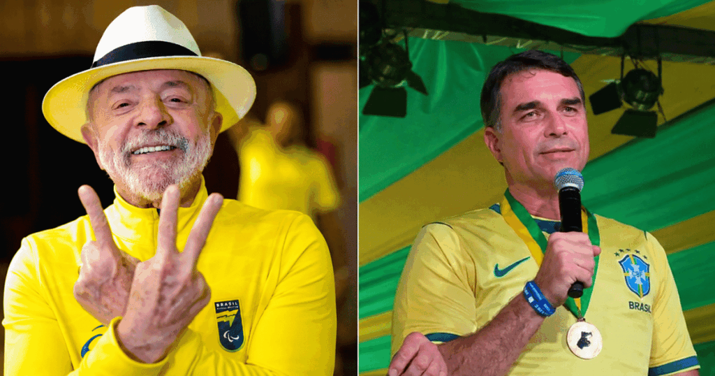 Montagem mostra o presidente Luiz Inácio Lula da Silva e o senador Flávio Bolsonaro durante o embate político sobre o possível tarifaço dos Estados Unidos contra produtos brasileiros.