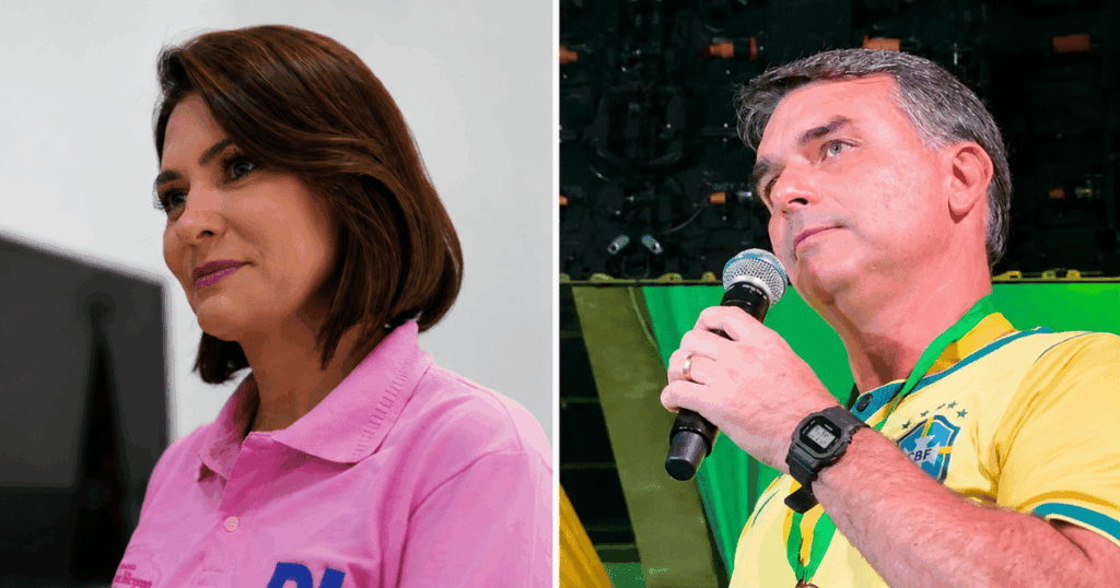 Montagem mostra Michelle Bolsonaro e Flávio Bolsonaro em eventos distintos após pesquisa AtlasIntel indicar vantagem do senador entre eleitores bolsonaristas.