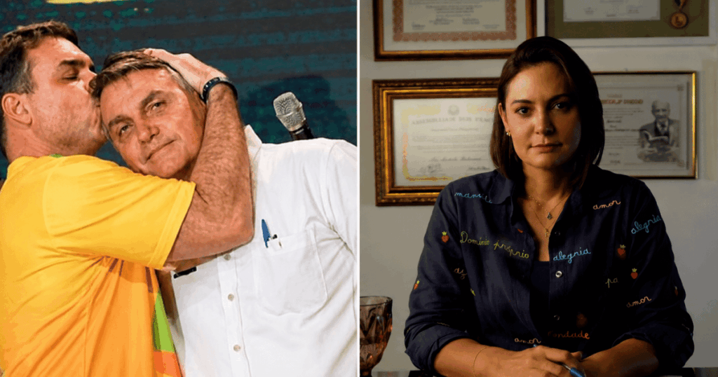 Michelle Bolsonaro em montagem ao lado de Jair Bolsonaro e Flávio Bolsonaro durante repercussão da crise familiar e política envolvendo vídeos divulgados pela ex-primeira-dama.