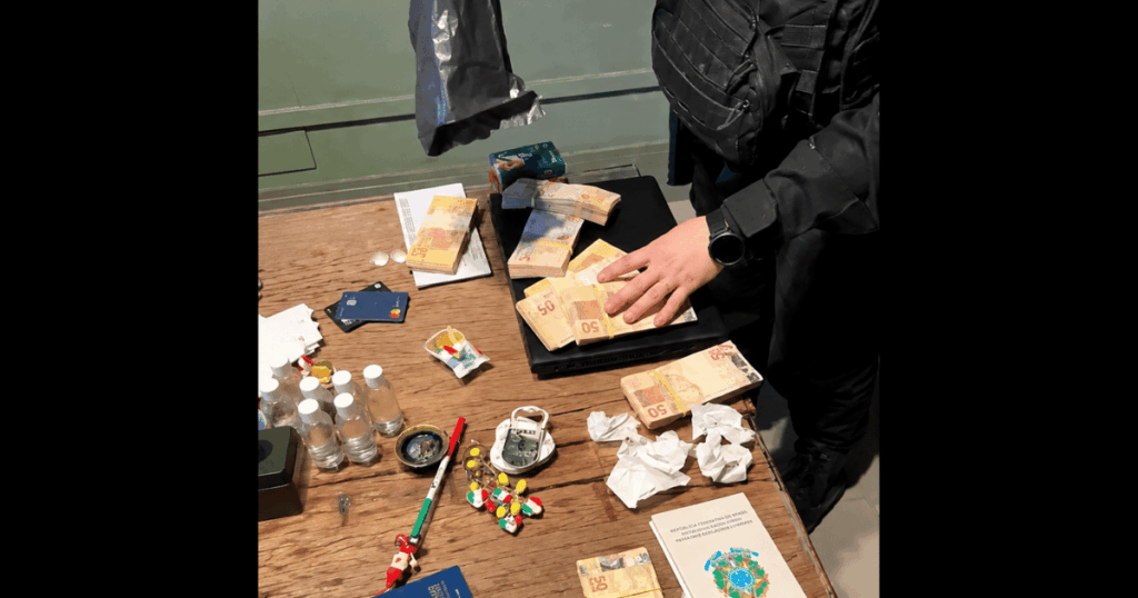 Polícia Federal apreende dinheiro, documentos e equipamentos durante a Operação Exchange contra esquema investigado por lavagem de dinheiro ligada ao PCC.