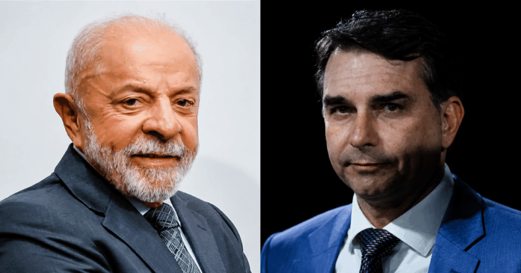 Luiz Inácio Lula da Silva e Flávio Bolsonaro em montagem que ilustra pesquisa AtlasIntel sobre percepção dos eleitores na eleição presidencial de 2026.