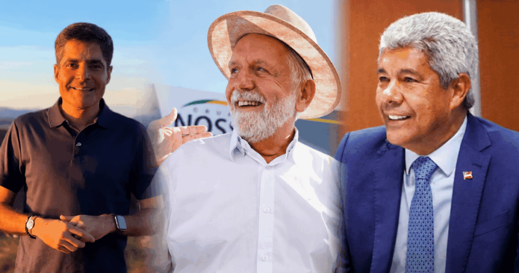 Montagem com ACM Neto, Jerônimo Rodrigues e Rui Costa ilustrando a pesquisa eleitoral do Paraná Pesquisas sobre a disputa pelo governo da Bahia.