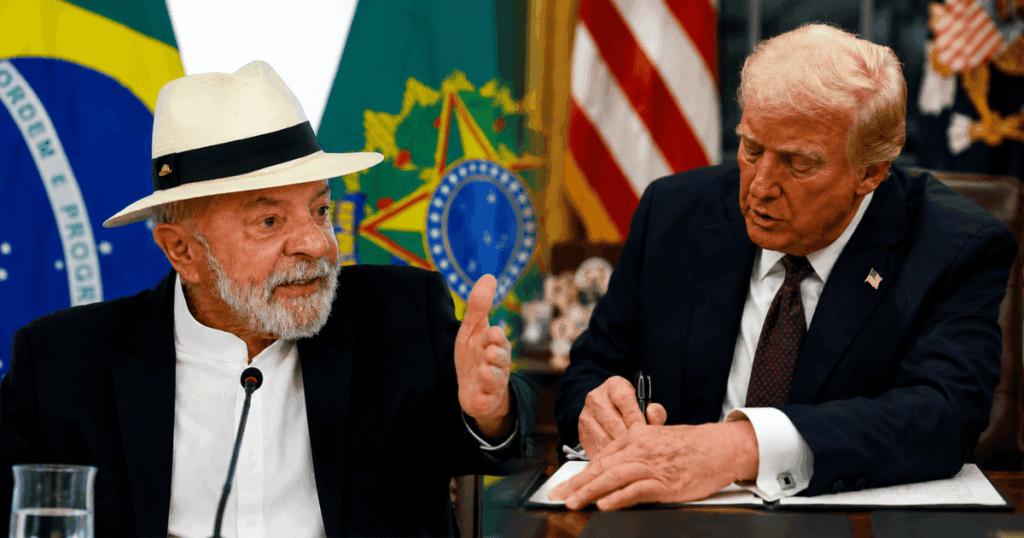 Montagem com os presidentes Luiz Inácio Lula da Silva e Donald Trump, representando a nova disputa comercial entre Brasil e Estados Unidos após o anúncio da tarifa de 12,5% sobre produtos brasileiros.