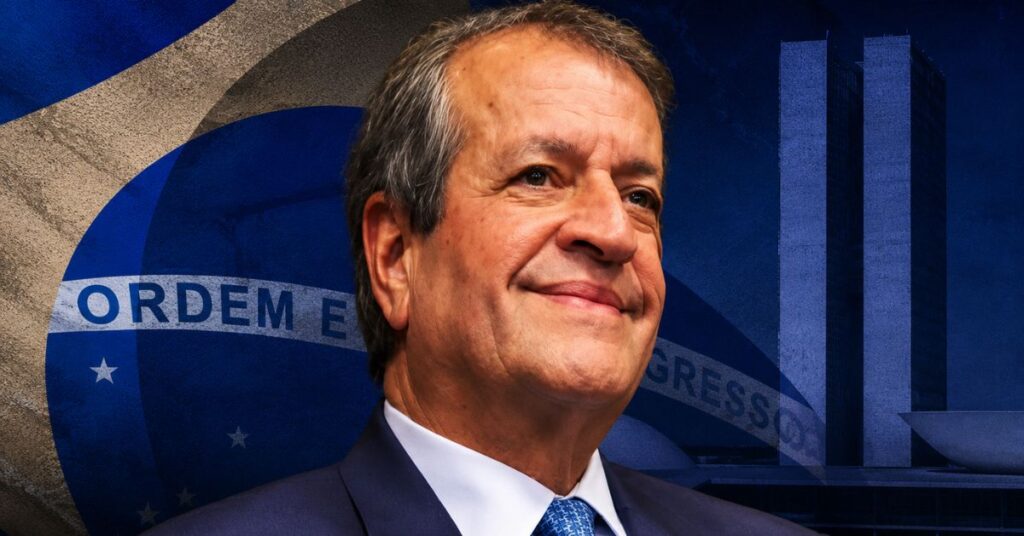 Valdemar Costa Neto em destaque diante da bandeira do Brasil e do Congresso Nacional
