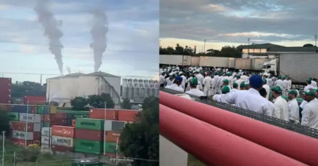 Vazamento de estireno na Innova, em Manaus, com vapores saindo de tanques e trabalhadores reunidos no Distrito Industrial