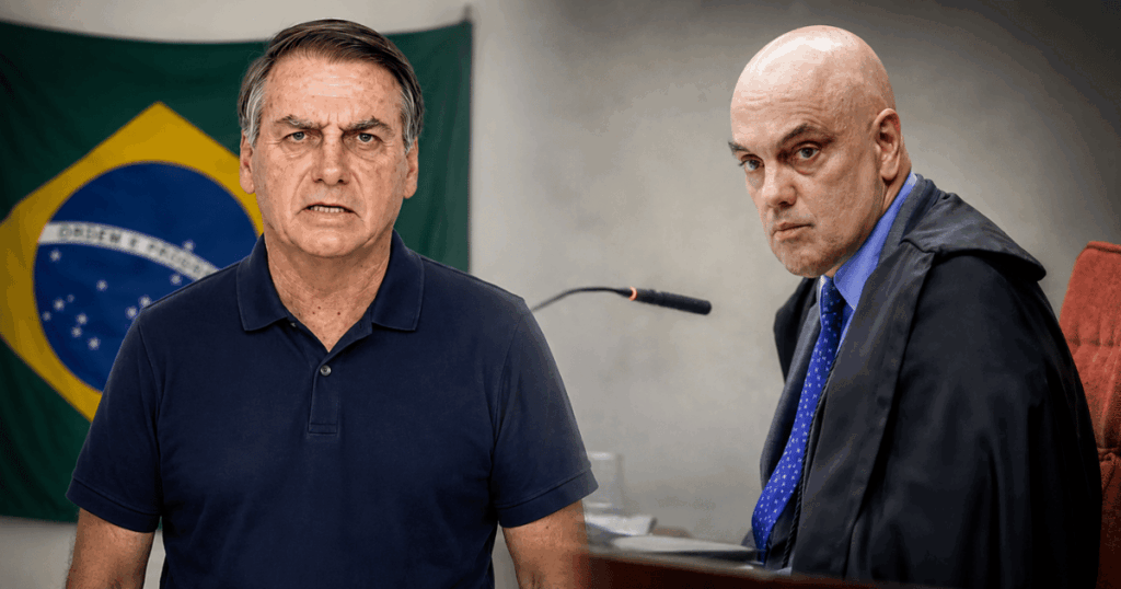 Montagem mostra vídeo de inteligência artificial de Jair Bolsonaro exibido na convenção do PL e o ministro Alexandre de Moraes